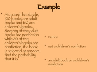 Example At a used-book sale, 100 books are adult books and 160 are children’s books. Seventy of the adult books are nonfiction while 60 of the children’s books are nonfiction. If a book is selected at random, find the probability that it is  Fiction not a children’s nonfiction an adult book or a children’s nonfiction 