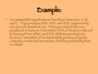 Example: An automobile manufacturer has three factories, A, B, and C. They produce 50%, 30%, and 20%, respectively of a specific model of car. Thirty percent of the cars produced in factory A are white, 40% of those produced in factory B are white, and 25% of those produced in factory C are white. If an automobile produced by the company is selected at random, find the probability that it is white. 