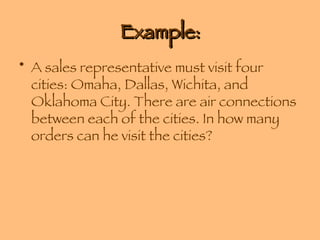 Example: A sales representative must visit four cities: Omaha, Dallas, Wichita, and Oklahoma City. There are air connections between each of the cities. In how many orders can he visit the cities? 