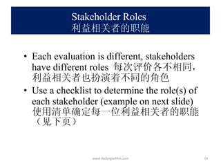 Stakeholder Roles   利益相关者的职能 Each evaluation is different, stakeholders have different roles  每次评价各不相同，利益相关者也扮演着不同的角色 Use a checklist to determine the role(s) of each stakeholder (example on next slide)  使用清单确定每一位利益相关者的职能（见下页） www.dadangsolihin.com 