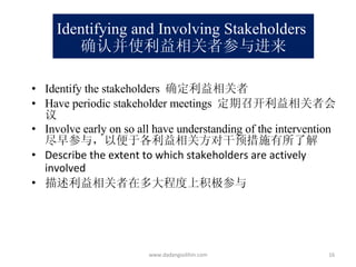 Identifying and Involving   Stakeholders  确认并使利益相关者参与进来 Identify the stakeholders  确定利益相关者 Have periodic stakeholder meetings  定期召开利益相关者会议 Involve early on so all have understanding of the intervention  尽早参与，以便于各利益相关方对干预措施有所了解 Describe the extent to which stakeholders are actively involved 描述利益相关者在多大程度上积极参与 www.dadangsolihin.com 