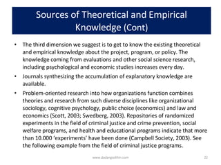 Sources of Theoretical and Empirical Knowledge  (Cont) The third dimension we suggest is to get to know the existing theoretical and empirical knowledge about the project, program, or policy. The knowledge coming from evaluations and other social science research, including psychological and economic studies increases every day.  Journals synthesizing the accumulation of explanatory knowledge are available.  Problem-oriented research into how organizations function combines theories and research from such diverse disciplines like organizational sociology, cognitive psychology, public choice (economics) and law and economics (Scott, 2003; Swedberg, 2003). Repositories of randomized experiments in the field of criminal justice and crime prevention, social welfare programs, and health and educational programs indicate that more than 10.000 ‘experiments’ have been done (Campbell Society, 2003). See the following example from the field of criminal justice programs.  www.dadangsolihin.com 