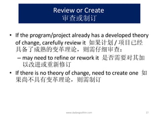 Review or Create  审查或制订 If the program/project already has a developed theory of change, carefully review it  如果计划 / 项目已经具备了成熟的变革理论，则需仔细审查： may need to refine or rework it  是否需要对其加以改进或重新修订 If there is no theory of change, need to create one  如果尚不具有变革理论，则需制订 www.dadangsolihin.com 