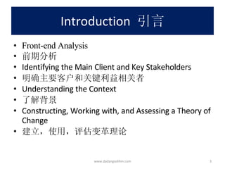 Introduction  引言 Front-end Analysis  前期分析 Identifying the Main Client and Key Stakeholders 明确主要客户和关键利益相关者 Understanding the Context 了解背景 Constructing, Working with, and Assessing a Theory of Change 建立，使用，评估变革理论 www.dadangsolihin.com 