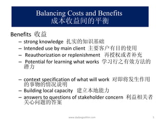 Balancing Costs and Benefits  成本收益间的平衡 Benefits  收益 strong knowledge  扎实的知识基础 Intended use by main client  主要客户有目的使用 Reauthorization or replenishment  再授权或者补充 Potential for learning what works  学习行之有效方法的潜力 context specification of what will work  对即将发生作用的事物的情况说明 Building local capacity  建立本地能力 answers to questions of stakeholder concern  利益相关者关心问题的答案 www.dadangsolihin.com 