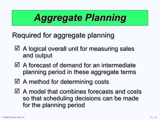 Aggregate Planning A logical overall unit for measuring sales and output A forecast of demand for an intermediate planning period in these aggregate terms A method for determining costs A model that combines forecasts and costs so that scheduling decisions can be made for the planning period Required for aggregate planning 