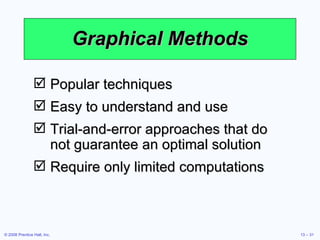 Graphical Methods Popular techniques Easy to understand and use Trial-and-error approaches that do not guarantee an optimal solution Require only limited computations 