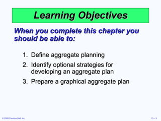 Learning Objectives When you complete this chapter you should be able to: Define aggregate planning Identify optional strategies for developing an aggregate plan Prepare a graphical aggregate plan 