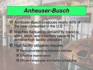Anheuser-Busch Anheuser-Busch produces nearly 40% of the beer consumed in the U.S. Matches fluctuating demand by brand to plant, labor, and inventory capacity to achieve high facility utilization High facility utilization requires Meticulous cleaning between batches Effective maintenance Efficient employee and facility scheduling 
