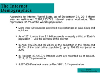 The Internet
Demographics
   According to Internet World Stats, as of December 31, 2011 there
   was an estimated 2,267,233,742 Internet users worldwide. This
   represents 32.7% of the world's population.
        More than 100 countries are linked into exchanges of data, news and
         opinions.

        As of 2011, more than 2.1 billion people — nearly a third of Earth's
         population — use the services of the Internet

        In Asia: 922,329,554 (or 23.8% of the population in the region and
         44.0% of the total online population); up by 706.9% compared to
         2000

        In Pakistan 29,128,970 Internet users are recorded as of Dec.31,
         2011, 15.5% penetration.

        5,887,400 Facebook users on Dec 31/11, 3.1% penetration

                                                                      Source:
                                                                Wikipedia/Webopedia
 