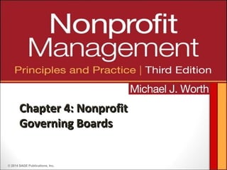 © 2014 SAGE Publications, Inc.
Chapter 4: NonprofitChapter 4: Nonprofit
Governing BoardsGoverning Boards
 
