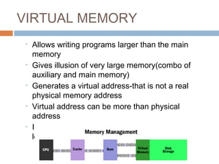VIRTUAL MEMORY
• Allows writing programs larger than the main
memory
• Gives illusion of very large memory(combo of
auxiliary and main memory)
• Generates a virtual address-that is not a real
physical memory address
• Virtual address can be more than physical
address
• It is the logical / symbolic representation of a
location in hardware
 