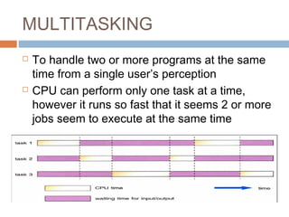 MULTITASKING
 To handle two or more programs at the same
time from a single user’s perception
 CPU can perform only one task at a time,
however it runs so fast that it seems 2 or more
jobs seem to execute at the same time
 