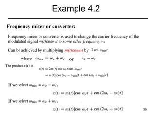 Example 4.2
Frequency mixer or converter:
Frequency mixer or converter is used to change the carrier frequency of the
modulated signal m(t)coswct to some other frequency wl
Can be achieved by multiplying m(t)coswct by
where

or

36

 
