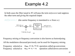Example 4.2
In both cases the filter tuned to Wl will pass the term m(t)coswlt and suppress
the other term and giving the required output

m(t)coswct

(the carrier frequency is translated to wl from wc)

Frequency mixing or frequency conversion is also known as heterodyning.
All the modulators discussed previously can be used for frequency mixing.
Frequency selected as
Frequency selected as

operation called up-conversion
operation called down-conversion
37

 