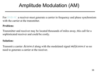 Amplitude Modulation (AM)
For DSB-SC a receiver must generate a carrier in frequency and phase synchronism
with the carrier at the transmitter.
Problem:
Transmitter and receiver may be located thousands of miles away, this call for a
sophisticated receiver and could be costly.
Solution:
Transmit a carrier Acoswct along with the modulated signal m(t)coswct so no
need to generate a carrier at the receiver.

38

 