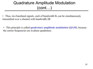 Quadrature Amplitude Modulation
(cont…)
• Thus, two baseband signals, each of bandwidth B, can be simultaneously
transmitted over a channel with bandwidth 2B
• This principle is called quadrature amplitude modulation (QAM), because
the carrier frequencies are in phase quadrature.

57

 