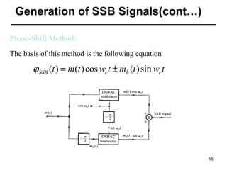 Generation of SSB Signals(cont…)
Phase-Shift Method:
The basis of this method is the following equation

ϕ SSB (t ) = m(t ) cos wc t ± mh (t ) sin wc t

66

 