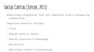 SocialCapital(Taylor,2013)
Understand intangibles that are important within prospering
communities.
Important benefits include:
- Trust
- Shared norms & values
- Shared resources & knowledge
- Reciprocity
- Resilience within relationships
 