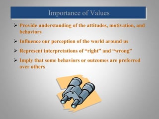 Importance of Values
 Provide understanding of the attitudes, motivation, and
behaviors
 Influence our perception of the world around us
 Represent interpretations of “right” and “wrong”
 Imply that some behaviors or outcomes are preferred
over others
 
