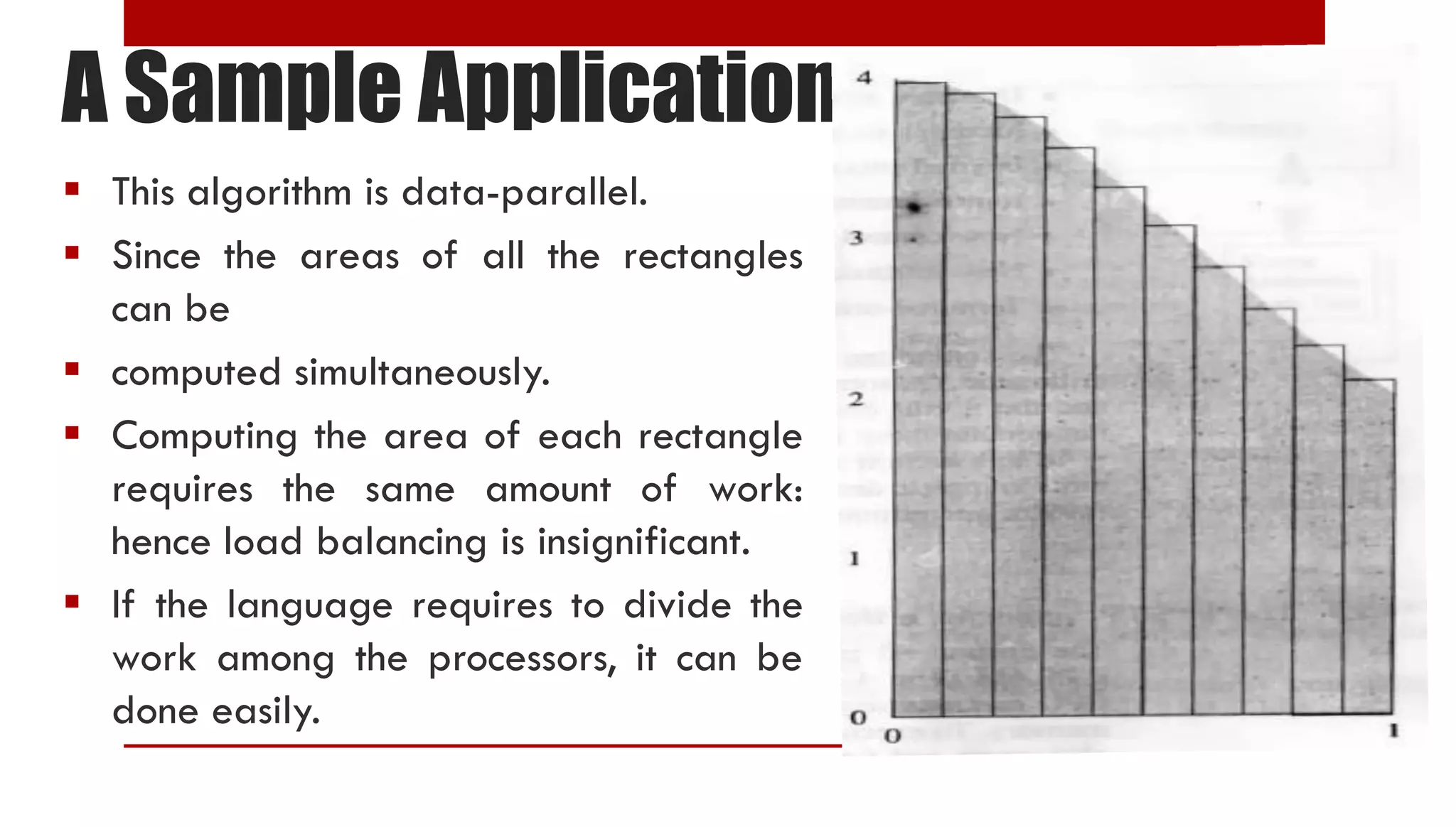 A Sample Application  This algorithm is data-parallel.  Since the areas of all the rectangles can be  computed simultaneously.  Computing the area of each rectangle requires the same amount of work: hence load balancing is insignificant.  If the language requires to divide the work among the processors, it can be done easily. 