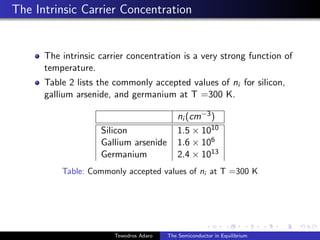 The Intrinsic Carrier Concentration
The intrinsic carrier concentration is a very strong function of
temperature.
Table 2 lists the commonly accepted values of ni for silicon,
gallium arsenide, and germanium at T =300 K.
ni (cm−3)
Silicon 1.5 × 1010
Gallium arsenide 1.6 × 106
Germanium 2.4 × 1013
Table: Commonly accepted values of ni at T =300 K
Tewodros Adaro The Semiconductor in Equilibrium
 