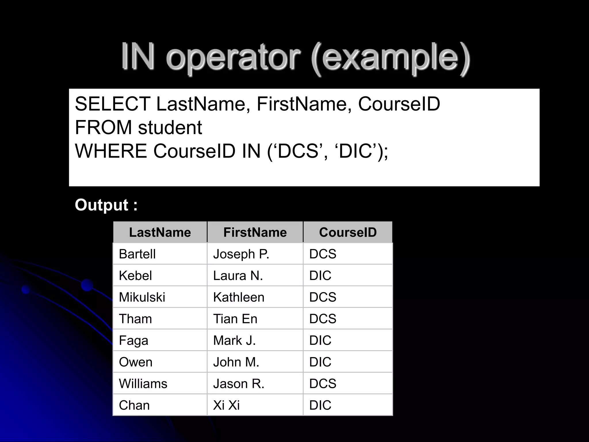 IN operator (example)
SELECT LastName, FirstName, CourseID
FROM student
WHERE CourseID IN (‘DCS’, ‘DIC’);
Output :
LastName FirstName CourseID
Bartell Joseph P. DCS
Kebel Laura N. DIC
Mikulski Kathleen DCS
Tham Tian En DCS
Faga Mark J. DIC
Owen John M. DIC
Williams Jason R. DCS
Chan Xi Xi DIC
 
