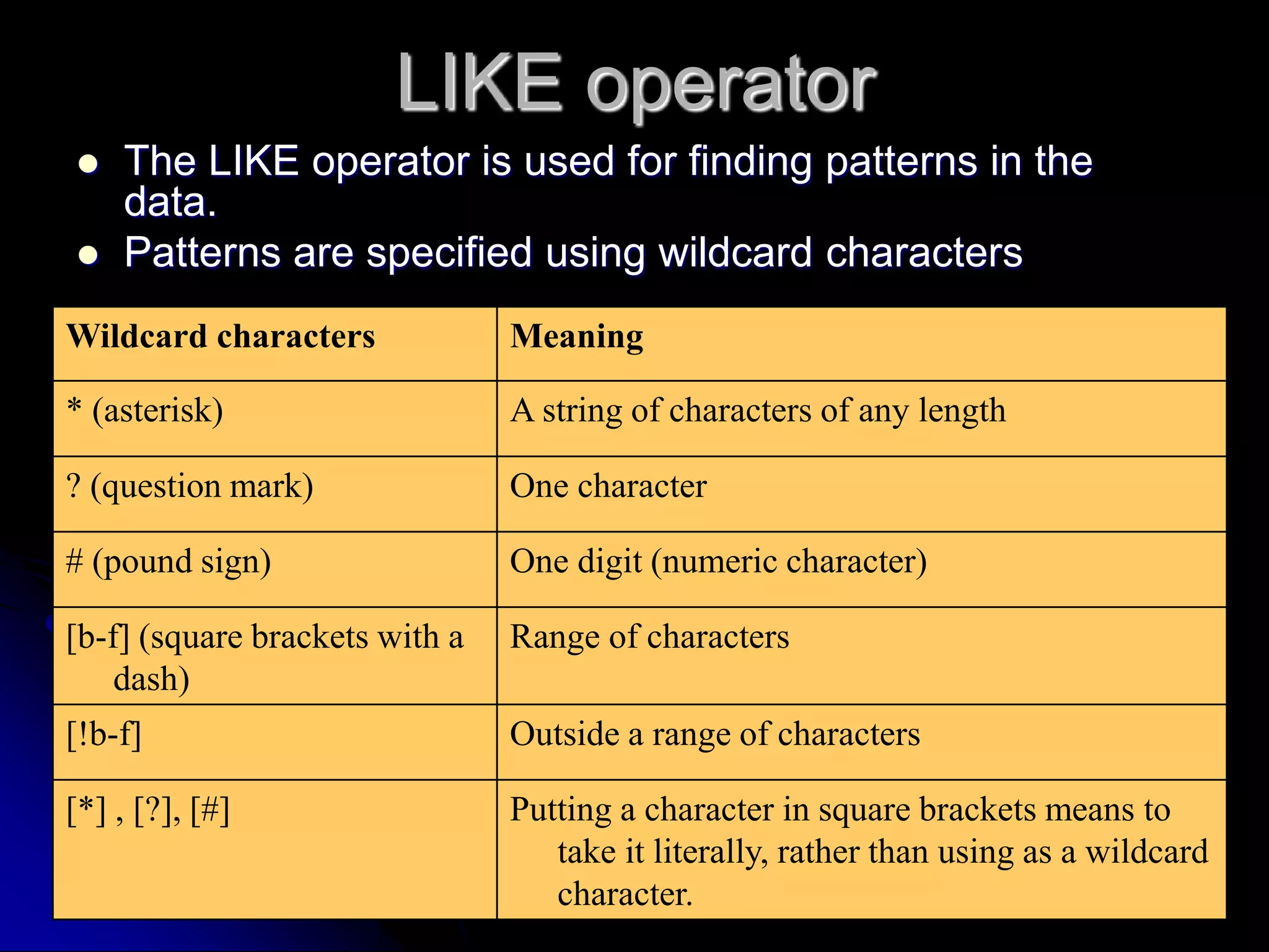 LIKE operator
 The LIKE operator is used for finding patterns in the
data.
 Patterns are specified using wildcard characters
Wildcard characters Meaning
* (asterisk) A string of characters of any length
? (question mark) One character
# (pound sign) One digit (numeric character)
[b-f] (square brackets with a
dash)
Range of characters
[!b-f] Outside a range of characters
[*] , [?], [#] Putting a character in square brackets means to
take it literally, rather than using as a wildcard
character.
 