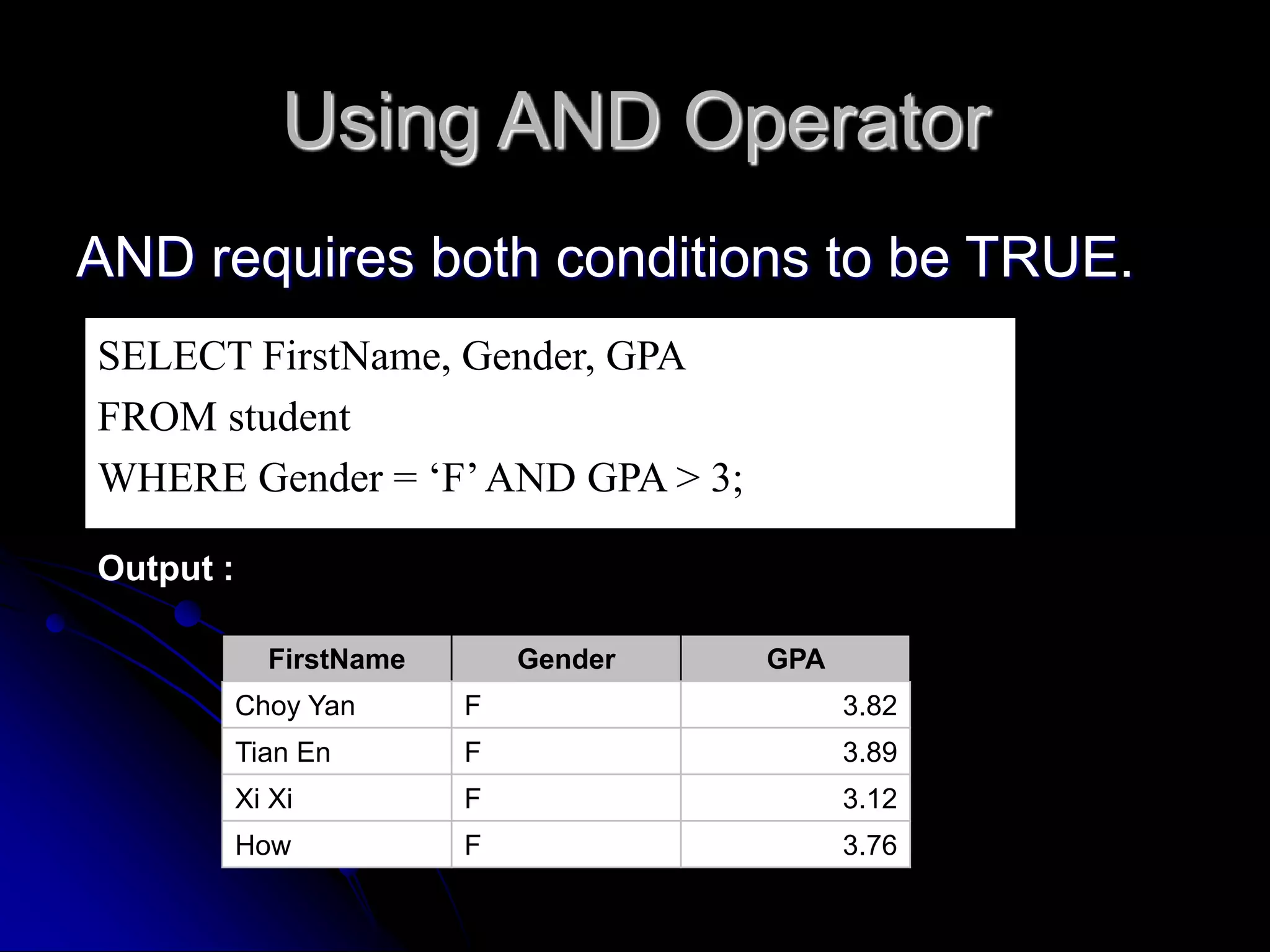 Using AND Operator
AND requires both conditions to be TRUE.
SELECT FirstName, Gender, GPA
FROM student
WHERE Gender = ‘F’AND GPA > 3;
Output :
FirstName Gender GPA
Choy Yan F 3.82
Tian En F 3.89
Xi Xi F 3.12
How F 3.76
 