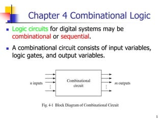 1
Chapter 4 Combinational Logic
 Logic circuits for digital systems may be
combinational or sequential.
 A combinational circuit consists of input variables,
logic gates, and output variables.
 