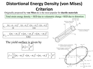 Distortional Energy Density (von Mises)
Criterion
Originally proposed by von Mises & is the most popular for ductile materials
Total strain energy density = SED due to volumetric change +SED due to distortion
       
2 2 2 2
1 2 3 1 2 2 3 3 1
0
18 12
U
G
        
      
 
     
2 2 2
1 2 2 3 3 1
12
D
U
G
     
    

The yield surface is given by
2
2
1
3
J Y

     
2 2 2 2
1 2 2 3 3 1
1 1
6 3
f Y
     
 
      
 
 