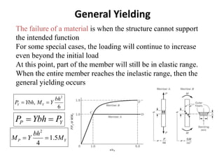 General Yielding
The failure of a material is when the structure cannot support
the intended function
For some special cases, the loading will continue to increase
even beyond the initial load
At this point, part of the member will still be in elastic range.
When the entire member reaches the inelastic range, then the
general yielding occurs
2
,
6
Y Y
bh
P Ybh M Y
 
P Y
P Ybh P
 
2
1.5
4
P Y
bh
M Y M
 
 