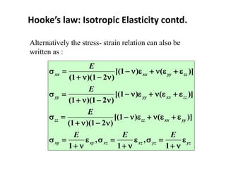Hooke’s law: Isotropic Elasticity contd.
[(1 ) ( )]
(1 )(1 2 )
[(1 ) ( )]
(1 )(1 2 )
[(1 ) ( )]
(1 )(1 2 )
, ,
1 1 1
xx xx yy zz
yy yy xx zz
zz zz xx yy
xy xy xz xz yz yz
E
E
E
E E E
         
   
         
   
         
   
        
     
Alternatively the stress- strain relation can also be
written as :
 