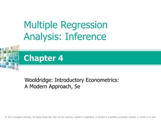 © 2013 Cengage Learning. All Rights Reserved. May not be scanned, copied or duplicated, or posted to a publicly accessible website, in whole or in part.
Chapter 4
Multiple Regression
Analysis: Inference
Wooldridge: Introductory Econometrics:
A Modern Approach, 5e
 