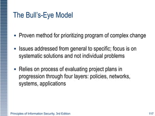 Principles of Information Security, 3rd Edition 117
The Bull’s-Eye Model
▪ Proven method for prioritizing program of complex change
▪ Issues addressed from general to specific; focus is on
systematic solutions and not individual problems
▪ Relies on process of evaluating project plans in
progression through four layers: policies, networks,
systems, applications
 