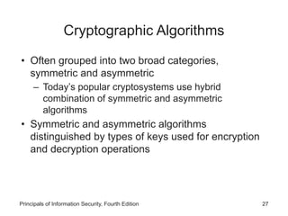 Cryptographic Algorithms
• Often grouped into two broad categories,
symmetric and asymmetric
– Today’s popular cryptosystems use hybrid
combination of symmetric and asymmetric
algorithms
• Symmetric and asymmetric algorithms
distinguished by types of keys used for encryption
and decryption operations
Principals of Information Security, Fourth Edition 27
 