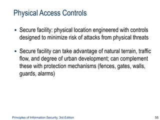 Principles of Information Security, 3rd Edition 55
Physical Access Controls
▪ Secure facility: physical location engineered with controls
designed to minimize risk of attacks from physical threats
▪ Secure facility can take advantage of natural terrain, traffic
flow, and degree of urban development; can complement
these with protection mechanisms (fences, gates, walls,
guards, alarms)
 