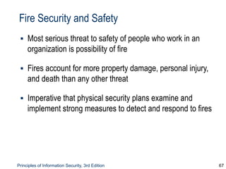 Principles of Information Security, 3rd Edition 67
Fire Security and Safety
▪ Most serious threat to safety of people who work in an
organization is possibility of fire
▪ Fires account for more property damage, personal injury,
and death than any other threat
▪ Imperative that physical security plans examine and
implement strong measures to detect and respond to fires
 