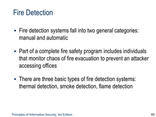 Principles of Information Security, 3rd Edition 69
Fire Detection
▪ Fire detection systems fall into two general categories:
manual and automatic
▪ Part of a complete fire safety program includes individuals
that monitor chaos of fire evacuation to prevent an attacker
accessing offices
▪ There are three basic types of fire detection systems:
thermal detection, smoke detection, flame detection
 