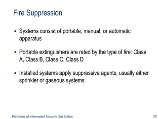Principles of Information Security, 3rd Edition 70
Fire Suppression
▪ Systems consist of portable, manual, or automatic
apparatus
▪ Portable extinguishers are rated by the type of fire: Class
A, Class B, Class C, Class D
▪ Installed systems apply suppressive agents; usually either
sprinkler or gaseous systems
 