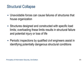 Principles of Information Security, 3rd Edition 81
Structural Collapse
▪ Unavoidable forces can cause failures of structures that
house organization
▪ Structures designed and constructed with specific load
limits; overloading these limits results in structural failure
and potential injury or loss of life
▪ Periodic inspections by qualified civil engineers assist in
identifying potentially dangerous structural conditions
 