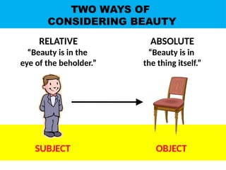 RELATIVE
“Beauty is in the
eye of the beholder.”
ABSOLUTE
“Beauty is in
the thing itself.”
SUBJECT OBJECT
TWO WAYS OF
CONSIDERING BEAUTY
UE. DR. ALLAN C. ORATE
 
