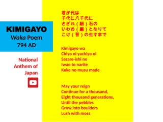 君が代は
千代に八千代に
さざれ（細）石の
いわお（巌）となりて
こけ（苔）の生すまで
KIMIGAYO
Waka Poem
794 AD Kimigayo wa
Chiyo ni yachiyo ni
Sazare-ishi no
Iwao to narite
Koke no musu made
May your reign
Continue for a thousand,
Eight thousand generations,
Until the pebbles
Grow into boulders
Lush with moss
UE. DR. ALLAN C. ORATE
National
Anthem of
Japan
UE. DR. ALLAN C. ORATE
 