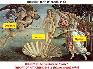 Botticelli, Birth of Venus, 1482
THEORY OF ART: Is this art? Why?
THEORY OF ART CRITICISM: Is this art great? Why?
Zyphers
Venus
Nymph
UE. DR. ALLAN C. ORATE
 