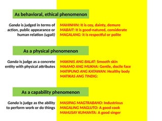Ganda is judged in terms of
action, public appearance or
human relation (ugali)
As behavioral, ethical phenomenon
MAHINHIN: It is coy, dainty, demure
MABAIT: It is good-natured, considerate
MAGALANG: it is respectful or polite
Ganda is judge as a concrete
entity with physical attributes
As a physical phenomenon
MAKINIS ANG BALAT: Smooth skin
MAAMO ANG MUKHA: Gentle, docile face
MATIPUNO ANG KATAWAN: Healthy body
MATIKAS ANG TINDIG:
Ganda is judge as the ability
to perform work or do things
As a capability phenomenon
MASIPAG MAGTRABAHO: Industrious
MAGALING MAGLUTO: A good cook
MAHUSAY KUMANTA: A good singer
UE. DR. ALLAN C. ORATE
 