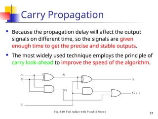 17
Carry Propagation
 Because the propagation delay will affect the output
signals on different time, so the signals are given
enough time to get the precise and stable outputs.
 The most widely used technique employs the principle of
carry look-ahead to improve the speed of the algorithm.
 