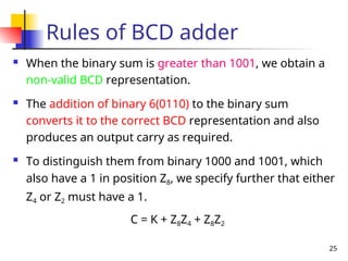 25
Rules of BCD adder
 When the binary sum is greater than 1001, we obtain a
non-valid BCD representation.
 The addition of binary 6(0110) to the binary sum
converts it to the correct BCD representation and also
produces an output carry as required.
 To distinguish them from binary 1000 and 1001, which
also have a 1 in position Z8, we specify further that either
Z4 or Z2 must have a 1.
C = K + Z8Z4 + Z8Z2
 