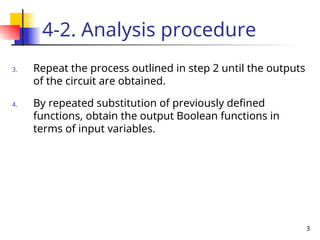 3
4-2. Analysis procedure
3. Repeat the process outlined in step 2 until the outputs
of the circuit are obtained.
4. By repeated substitution of previously defined
functions, obtain the output Boolean functions in
terms of input variables.
 