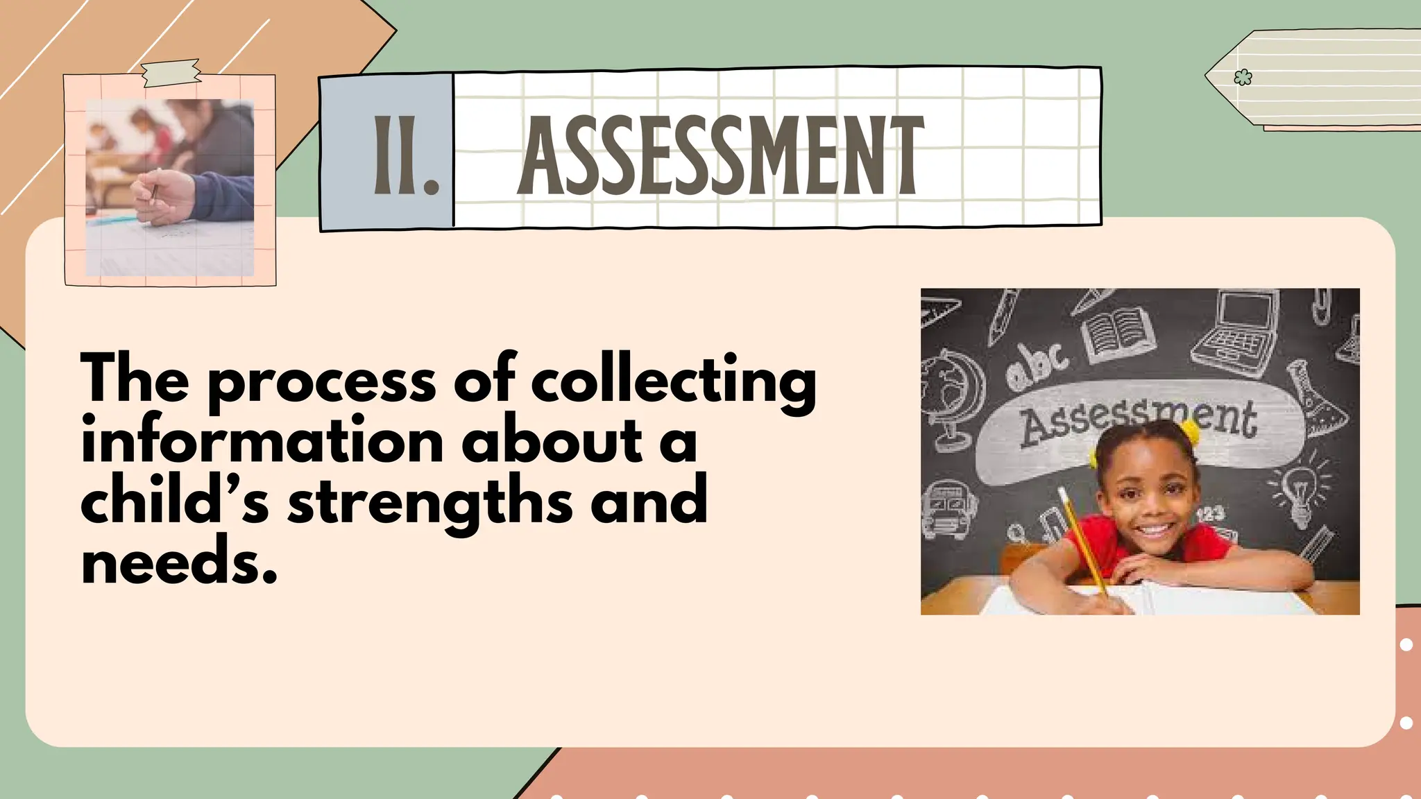 The process of collecting
information about a
child’s strengths and
needs.
II. ASSESSMENT
 