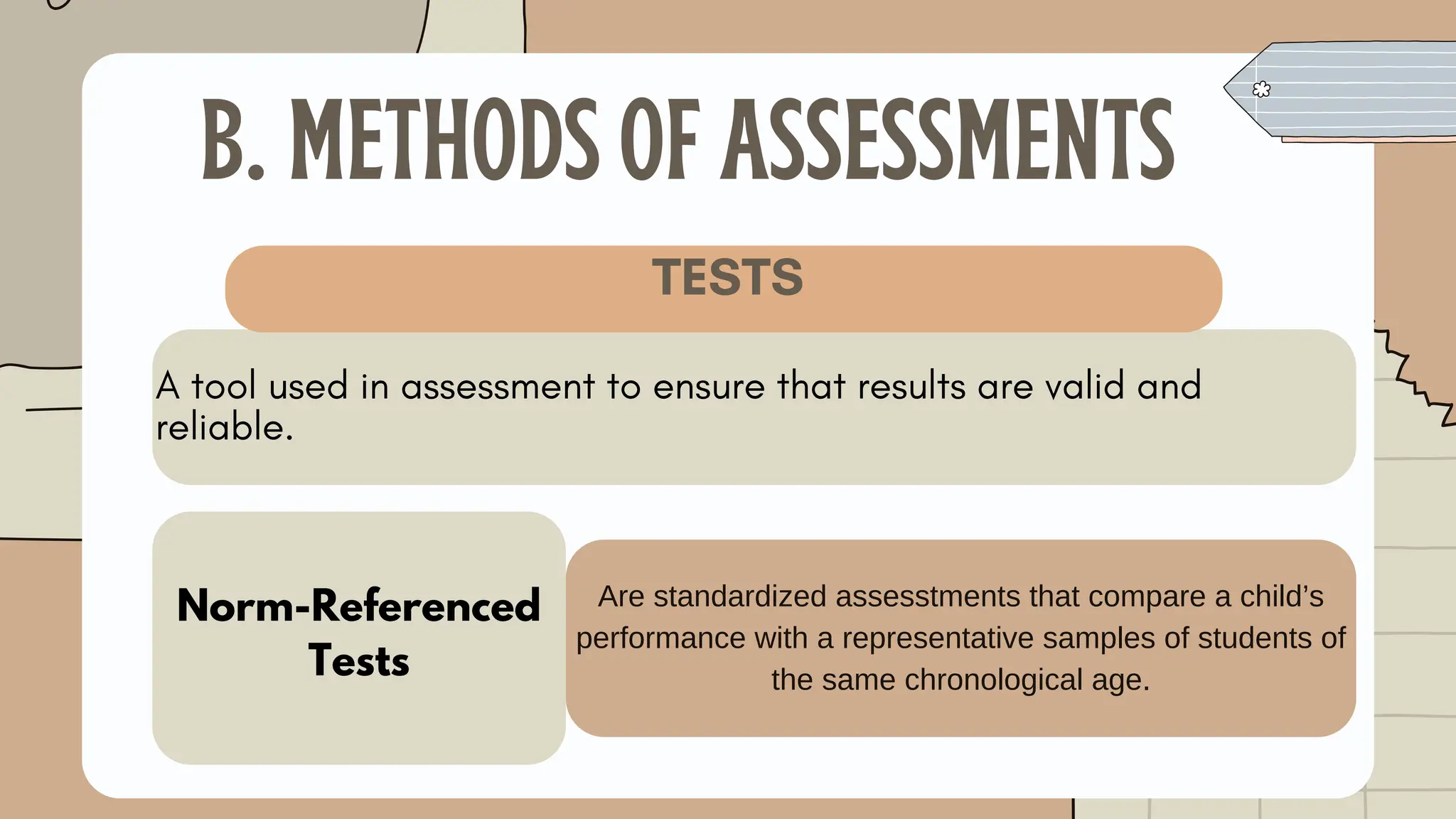 Are standardized assesstments that compare a child’s
performance with a representative samples of students of
the same chronological age.
Norm-Referenced
Tests
B. METHODS OF ASSESSMENTS
A tool used in assessment to ensure that results are valid and
reliable.
TESTS
 